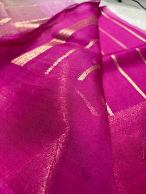 Hot Pink & Lght Pink Pure Kora Silk Handloom Banarasi Saree - All Over Kadhua Motifs