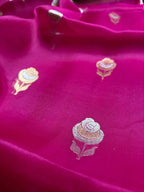 Hot Pink Pure Kora Silk Handloom Banarasi Saree - All Over Kadhua Motifs