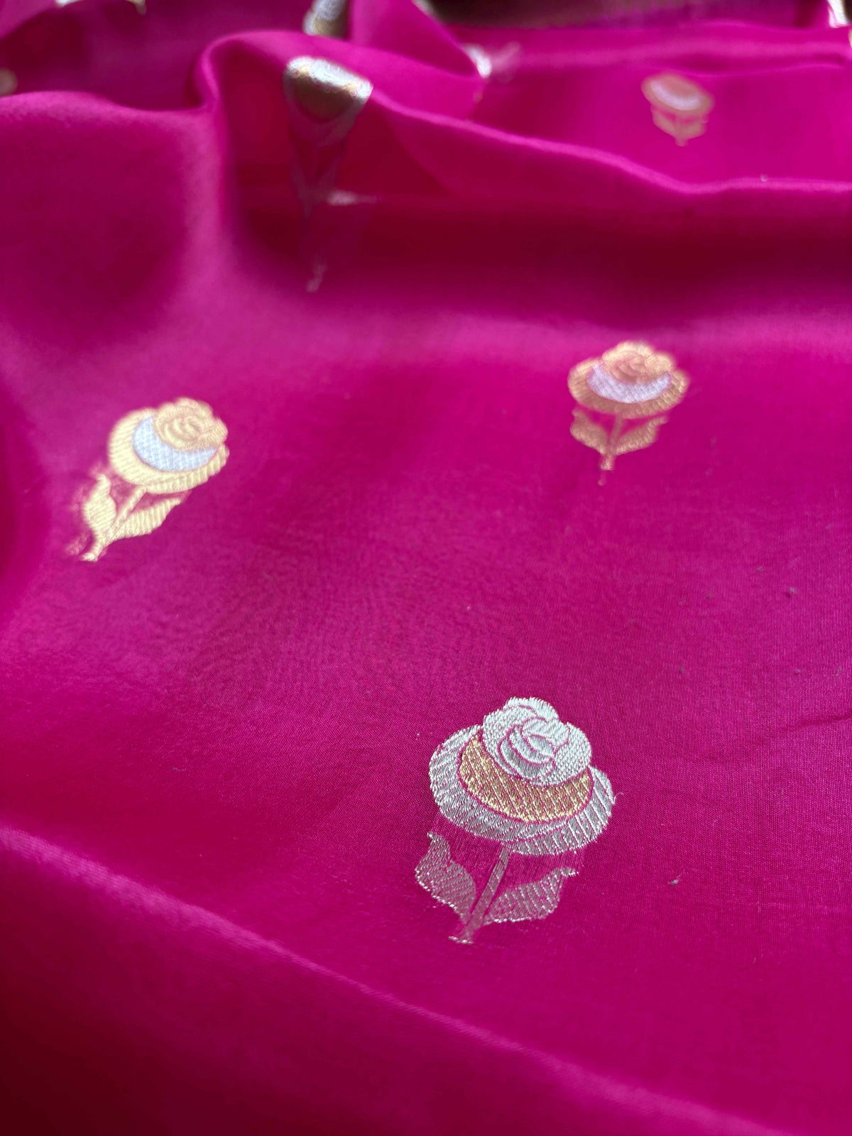 Hot Pink Pure Kora Silk Handloom Banarasi Saree - All Over Kadhua Motifs