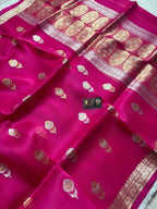 Hot Pink Pure Kora Silk Handloom Banarasi Saree - All Over Kadhua Motifs
