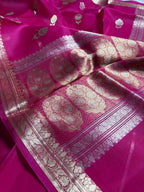 Hot Pink Pure Kora Silk Handloom Banarasi Saree - All Over Kadhua Motifs