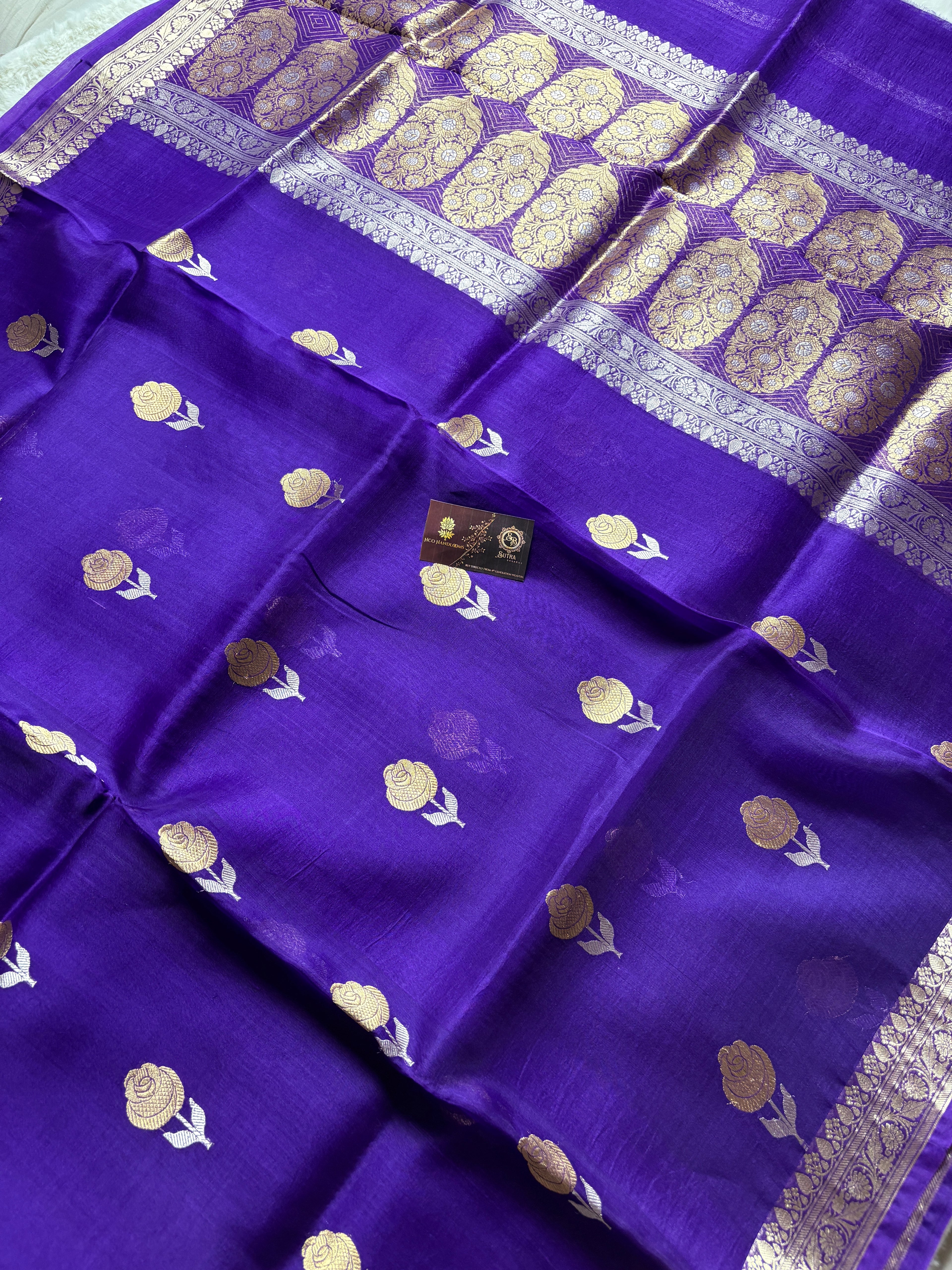 Purple Pure Kora Silk Handloom Banarasi Saree - All Over Kadhua Motifs