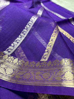 Purple Pure Kora Silk Handloom Banarasi Saree - All Over Kadhua Motifs
