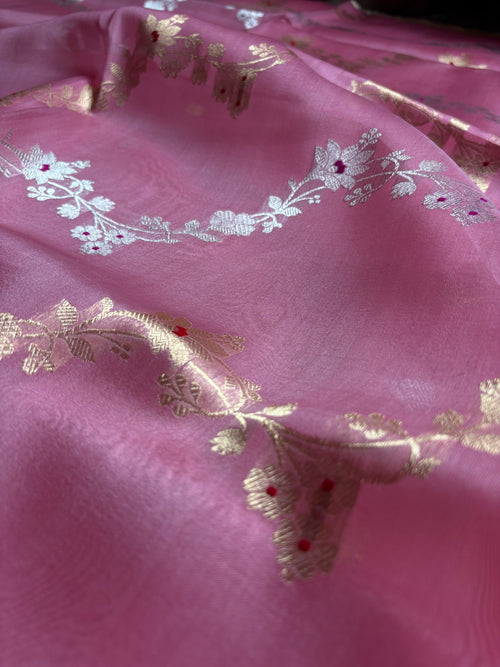 Light Pink Pure Kora Silk Handloom Banarasi Saree - All Over Kadhua Lahariya