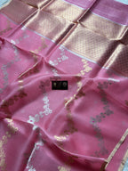 Light Pink Pure Kora Silk Handloom Banarasi Saree - All Over Kadhua Lahariya