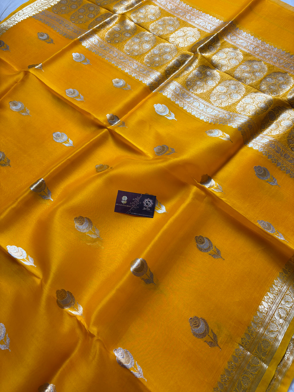 Gold Pure Kora Silk Handloom Banarasi Saree - All Over Kadhua Motifs