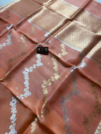 Copper Pure Kora Silk Handloom Banarasi Saree - All Over Kadhua Lahariya