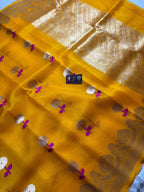 Gold Pure Kora Silk Handloom Banarasi Saree - All Over Kadhua Motifs