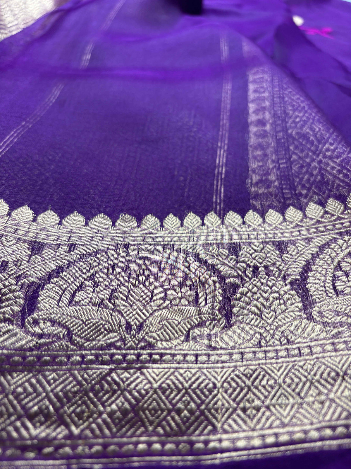 Purple Pure Kora Silk Handloom Banarasi Saree - All Over Kadhua Motifs