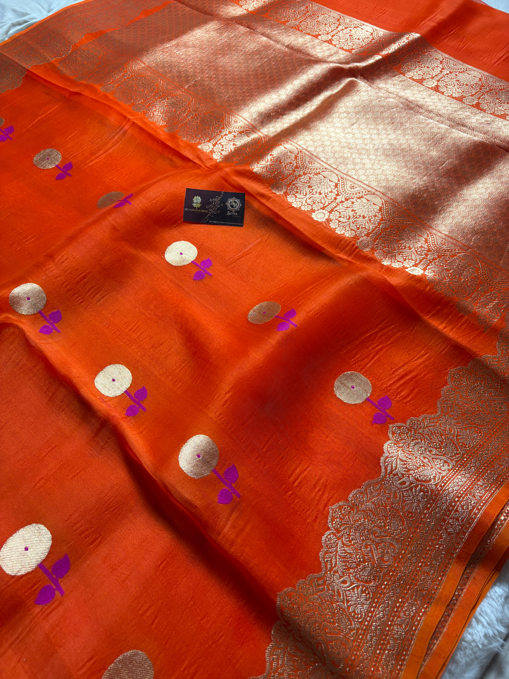 Orange Pure Kora Silk Handloom Banarasi Saree - All Over Kadhua Motifs