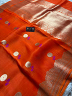 Orange Pure Kora Silk Handloom Banarasi Saree - All Over Kadhua Motifs
