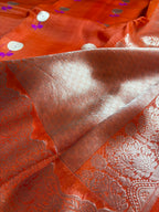 Orange Pure Kora Silk Handloom Banarasi Saree - All Over Kadhua Motifs