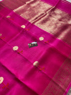 Hot Pink Pure Kora Silk Handloom Banarasi Saree - All Over Kadhua Motifs