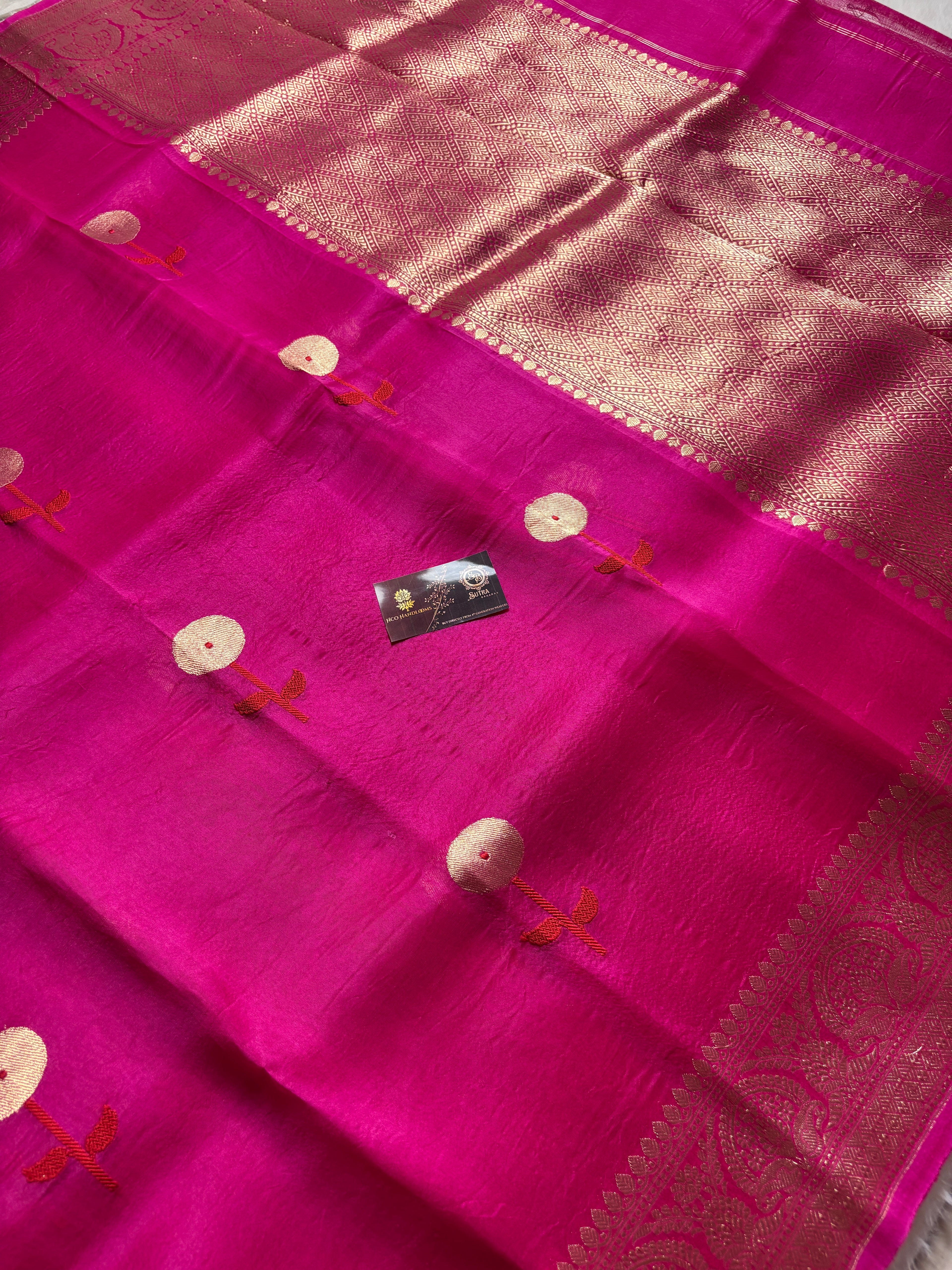 Hot Pink Pure Kora Silk Handloom Banarasi Saree - All Over Kadhua Motifs