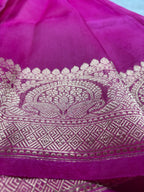 Hot Pink Pure Kora Silk Handloom Banarasi Saree - All Over Kadhua Motifs