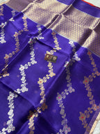 Blue Pure Kora Silk Handloom Banarasi Saree - All Over Kadhua Lahariya