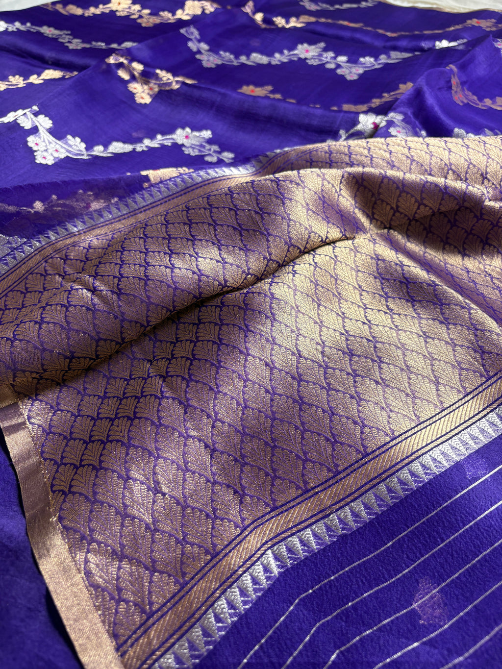 Blue Pure Kora Silk Handloom Banarasi Saree - All Over Kadhua Lahariya