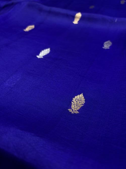 Blue Pure Kora Silk Handloom Banarasi Saree - All Over Kadhua Motifs