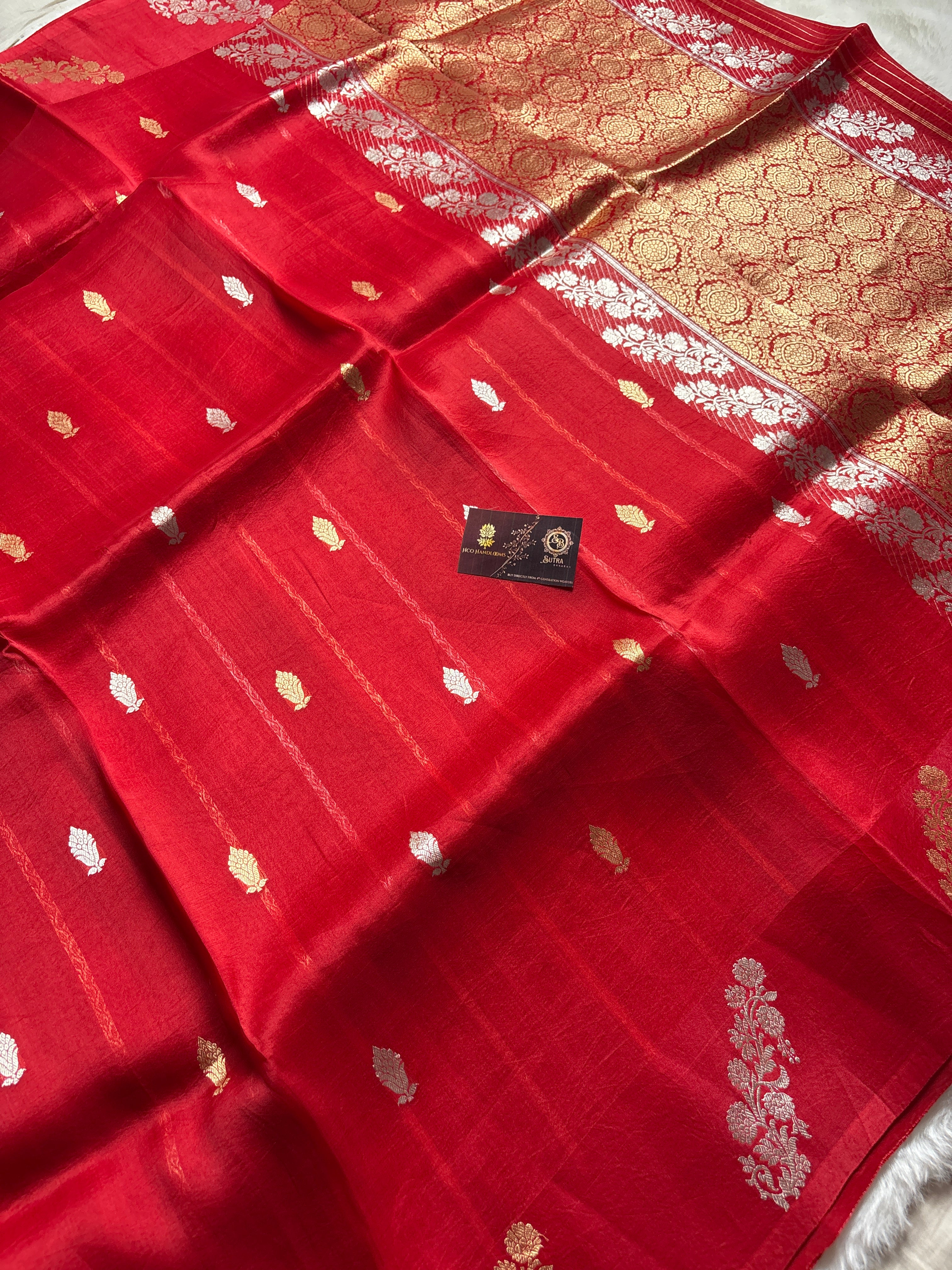 Red Pure Kora Silk Handloom Banarasi Saree - All Over Kadhua Motifs