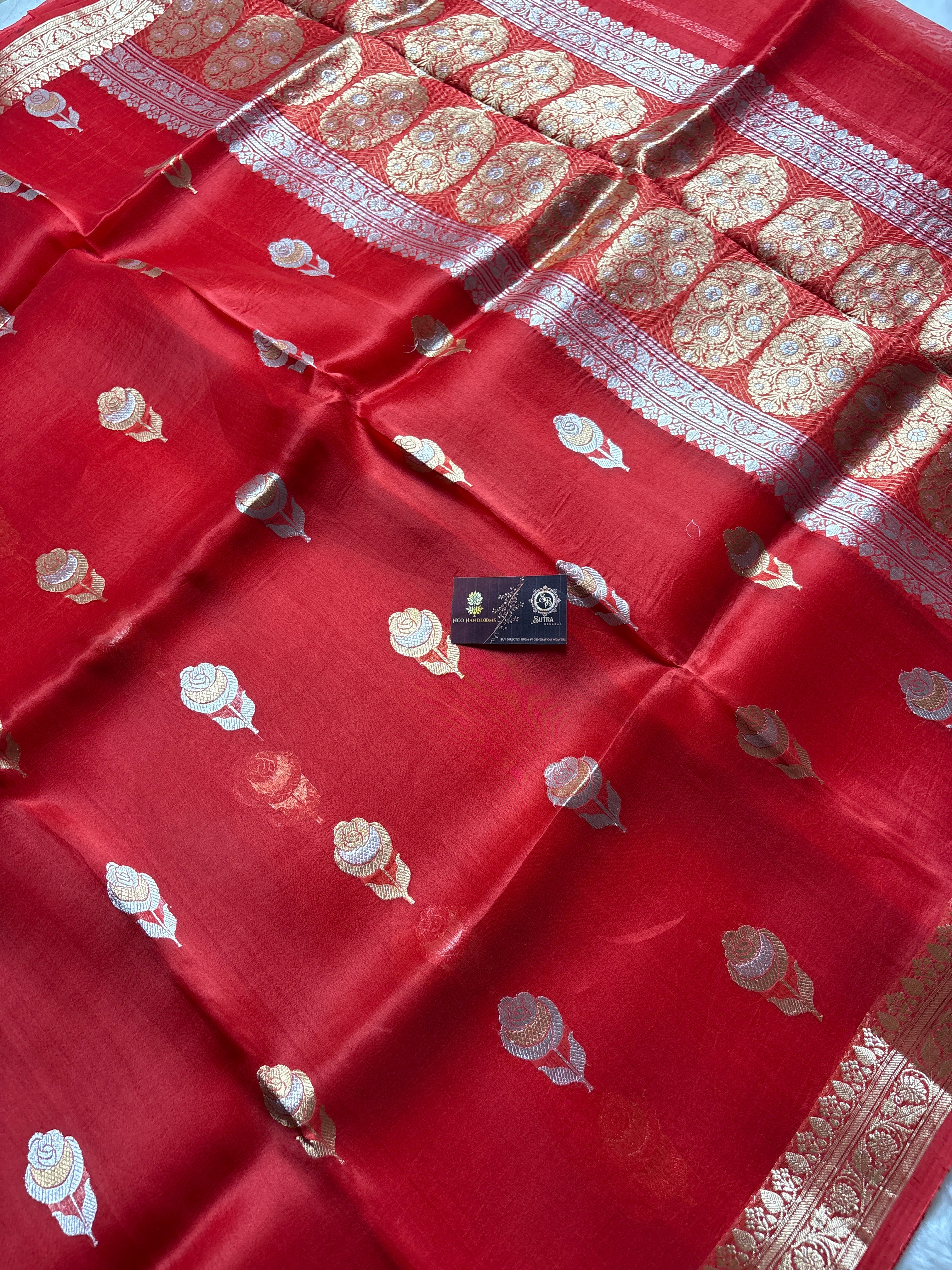 Red Pure Kora Silk Handloom Banarasi Saree - All Over Kadhua Motifs
