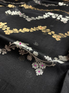Black Pure Kora Silk Handloom Banarasi Saree - All Over Kadhua Lahariya