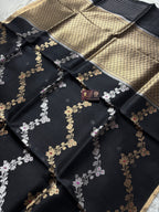 Black Pure Kora Silk Handloom Banarasi Saree - All Over Kadhua Lahariya