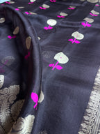 Black Pure Kora Silk Handloom Banarasi Saree - All Over Kadhua Motifs