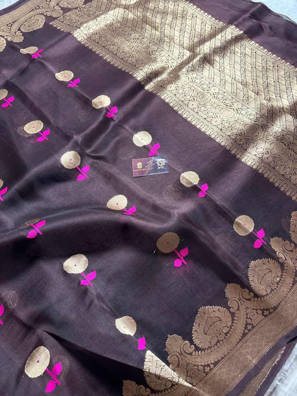 Black Pure Kora Silk Handloom Banarasi Saree - All Over Kadhua Motifs