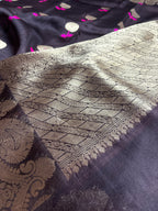 Black Pure Kora Silk Handloom Banarasi Saree - All Over Kadhua Motifs