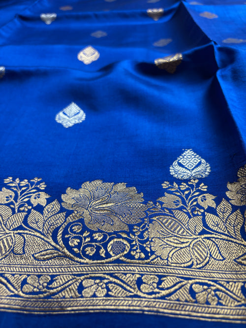 Blue Pure Mango Katan Silk Handloom Banarasi Saree - All Over Kadhua Motifs