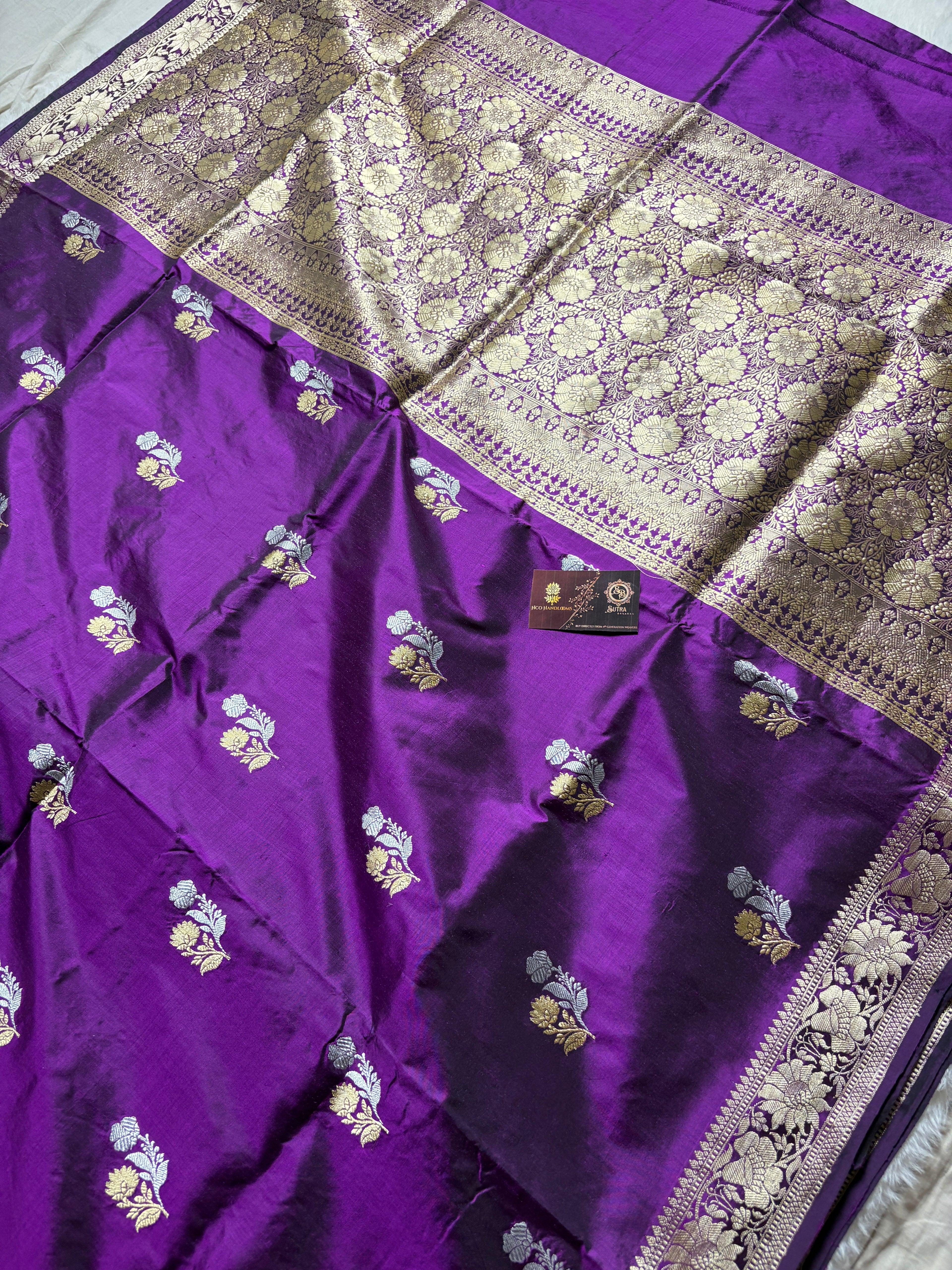 Purple Pure Katan Silk Handloom Banarasi Saree - All Over Kadhua Motifs