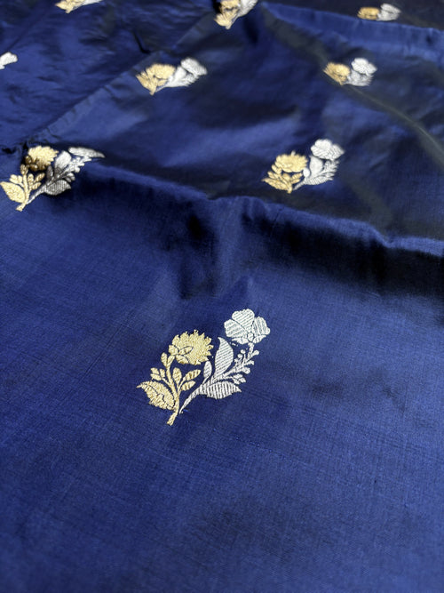 Blue Pure Katan Silk Handloom Banarasi Saree - All Over Kadhua Motifs