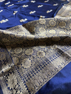 Blue Pure Katan Silk Handloom Banarasi Saree - All Over Kadhua Motifs