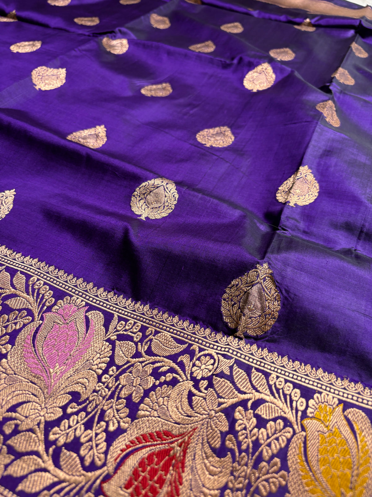 Purple Pure Mango Katan Silk Handloom Meenakari Banarasi Saree - All Over Kadhua Motifs