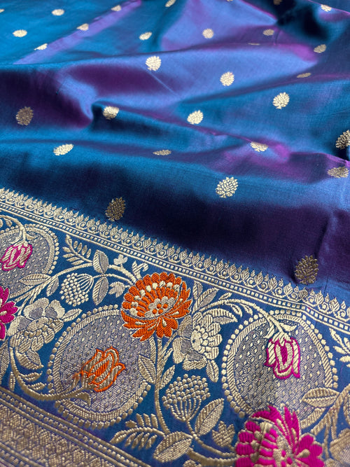 Blue & Pink Dual Shade Pure Mango Katan Silk Handloom Meenakari Banarasi Saree - All Over Kadhua Motifs