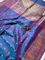 Blue & Pink Dual Shade Pure Mango Katan Silk Handloom Meenakari Banarasi Saree - All Over Kadhua Motifs