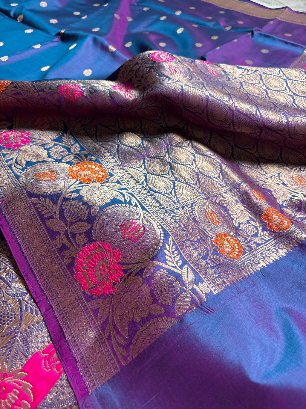Blue & Pink Dual Shade Pure Mango Katan Silk Handloom Meenakari Banarasi Saree - All Over Kadhua Motifs