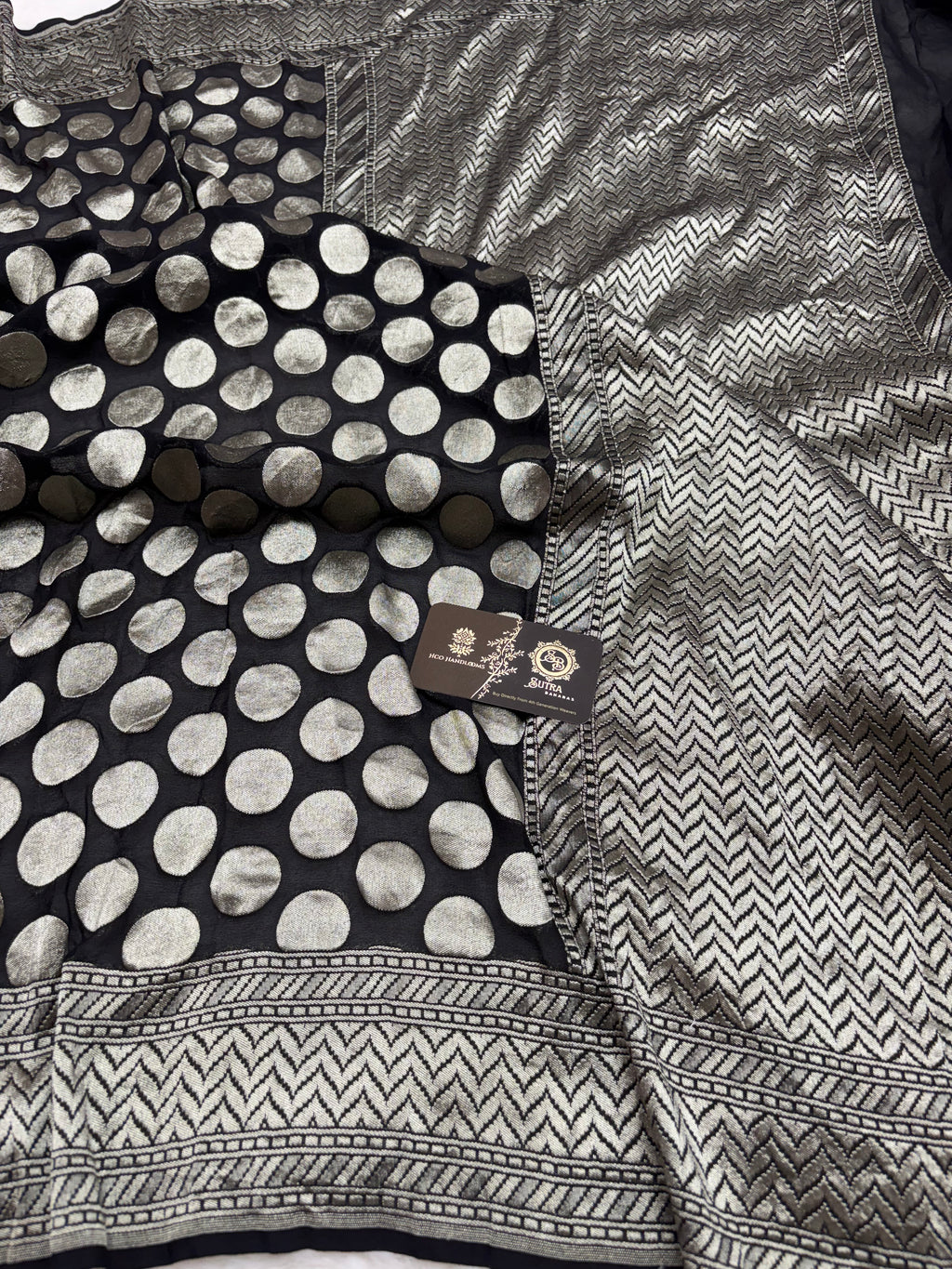 Black Pure Khaddi Georgette Silk handloom Banarasi Saree - Silver Zari