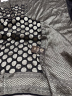 Black Pure Khaddi Georgette Silk handloom Banarasi Saree - Silver Zari