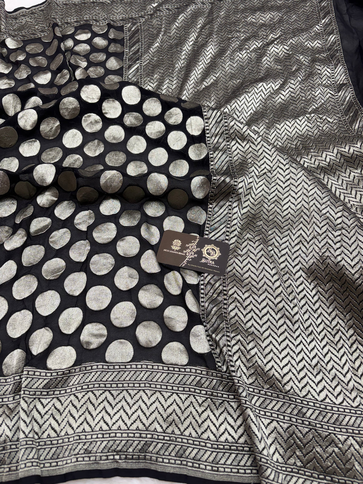 Black Pure Khaddi Georgette Silk handloom Banarasi Saree - Silver Zari