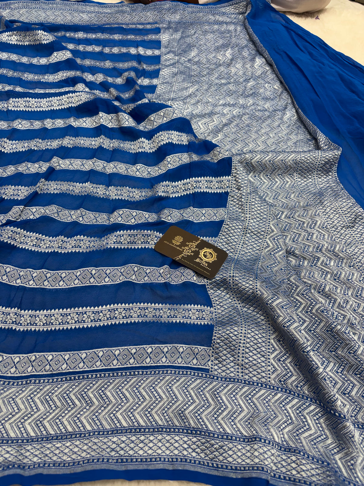 Blue Pure Khaddi Georgette Silk handloom Banarasi Saree - Water Zari