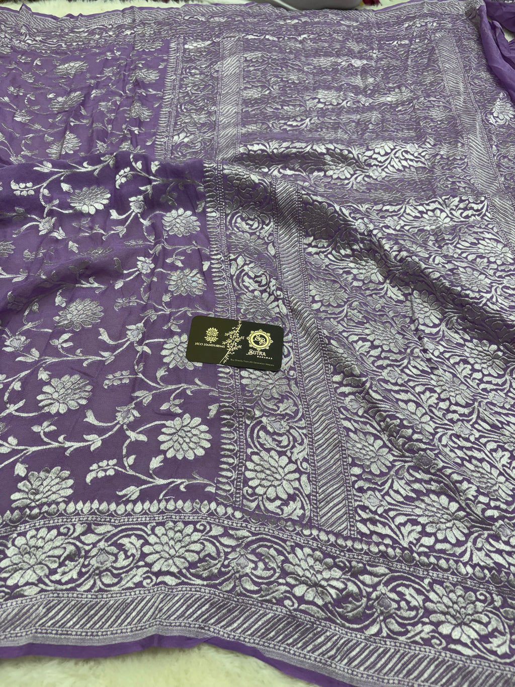 Lavender Pure Khaddi Georgette Silk handloom Banarasi Saree - Water Zari