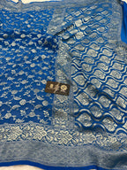Blue Pure Khaddi Georgette Silk handloom Banarasi Saree - Silver Zari