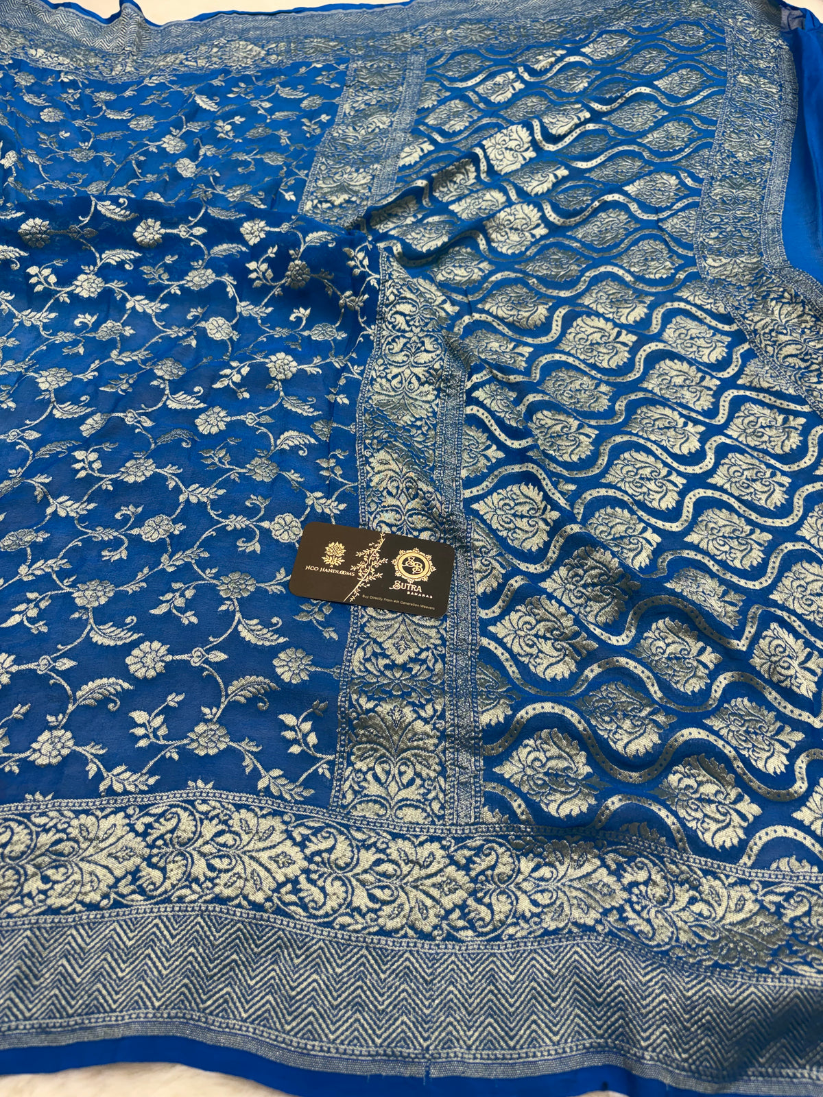 Blue Pure Khaddi Georgette Silk handloom Banarasi Saree - Silver Zari