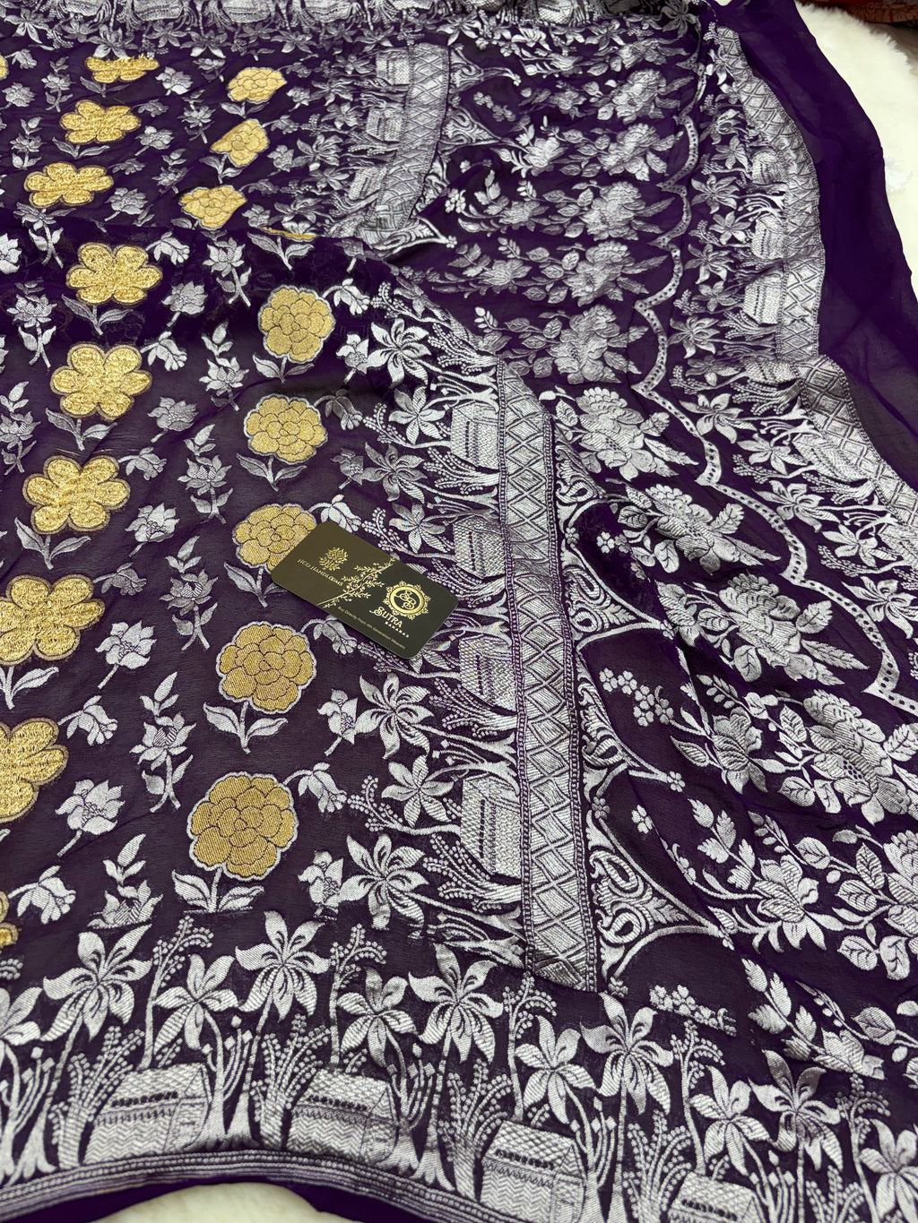 Purple Pure Khaddi Georgette Silk handloom Banarasi Saree - Silver Zari