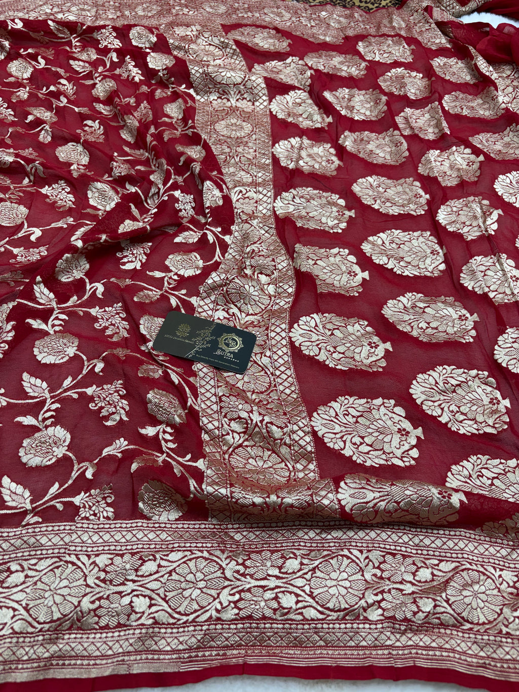 Red Pure Khaddi Georgette Silk handloom Banarasi Saree - Gold Zari