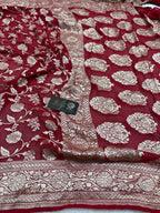 Red Pure Khaddi Georgette Silk handloom Banarasi Saree - Gold Zari