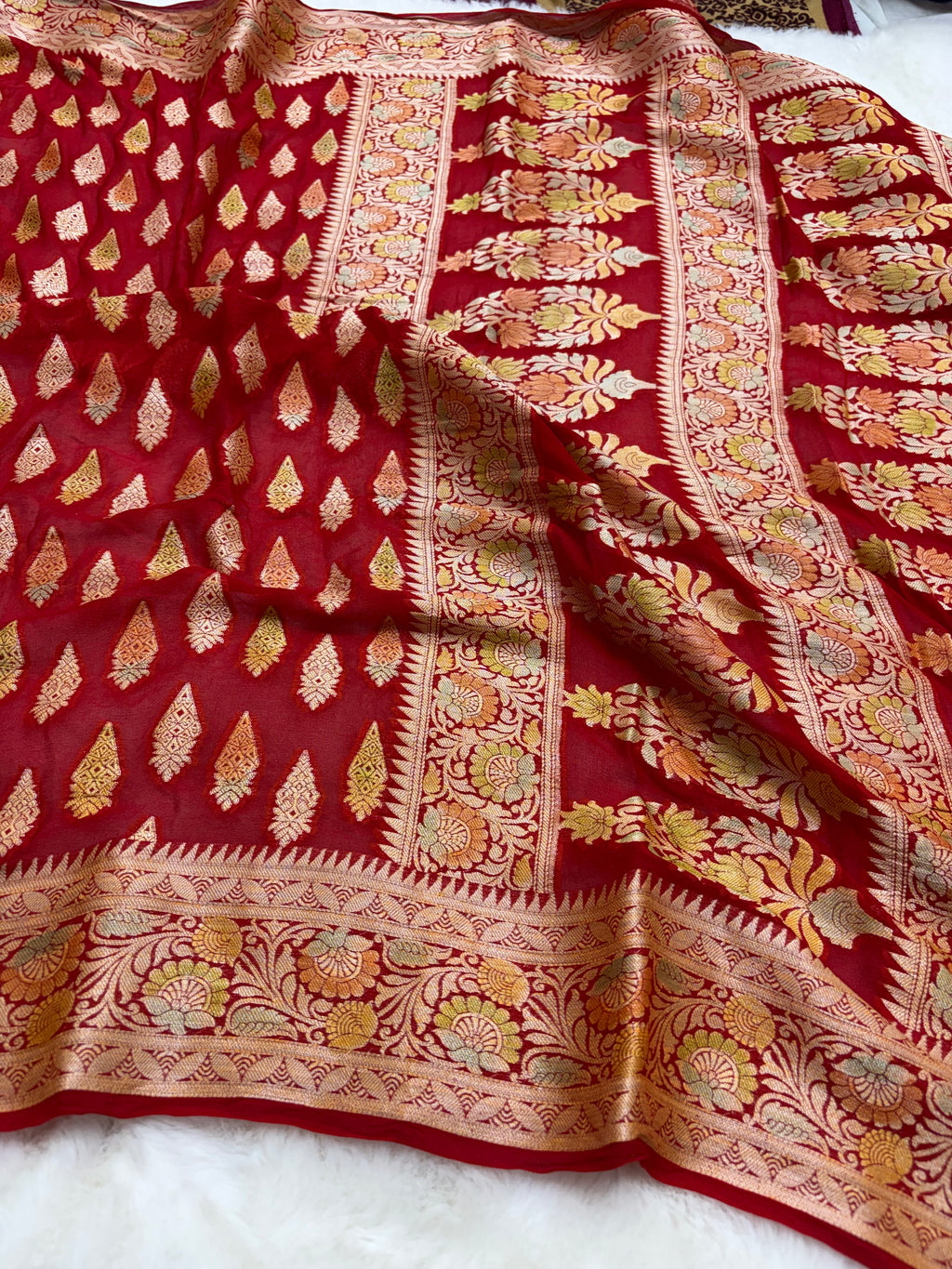 Red Pure Khaddi Chiffon Silk Banarasi Saree - All Over Motifs