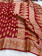 Red Pure Khaddi Chiffon Silk Banarasi Saree - All Over Motifs