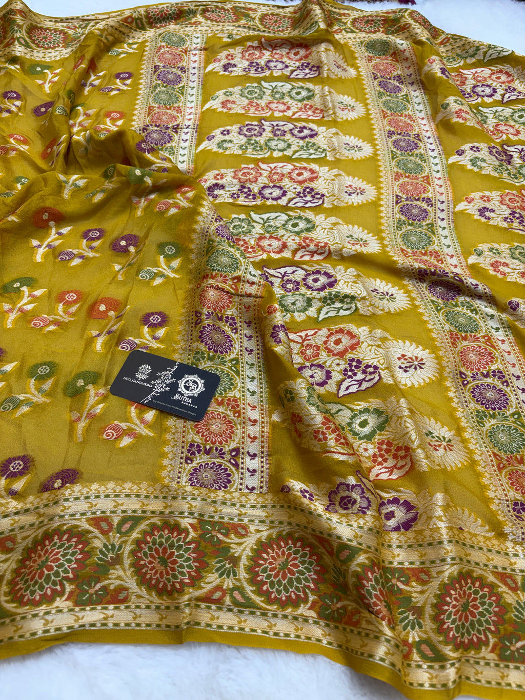 Yellow Pure Khaddi Chiffon Silk Banarasi Saree - Floral Motifs